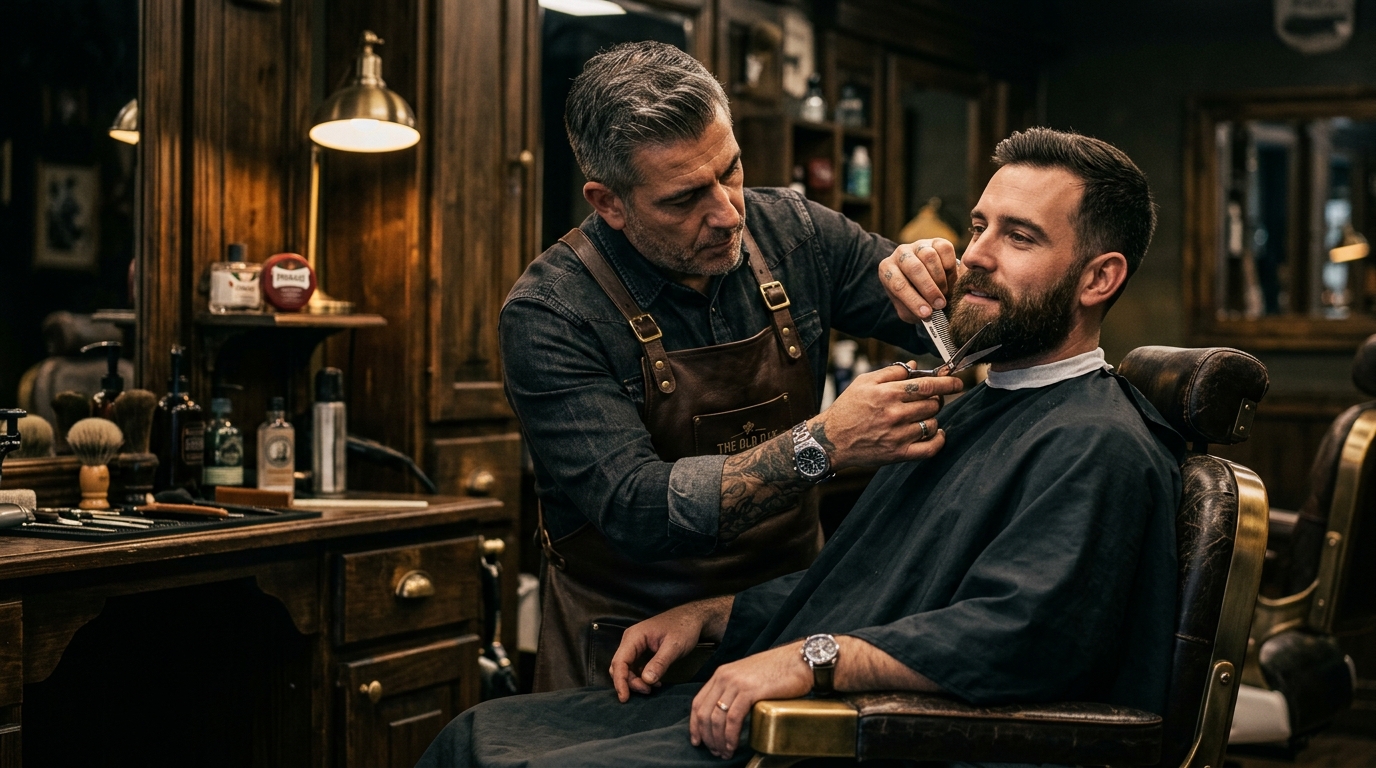 Master Barber di Star Barbershop sedang mencukur rambut klien pria dengan presisi